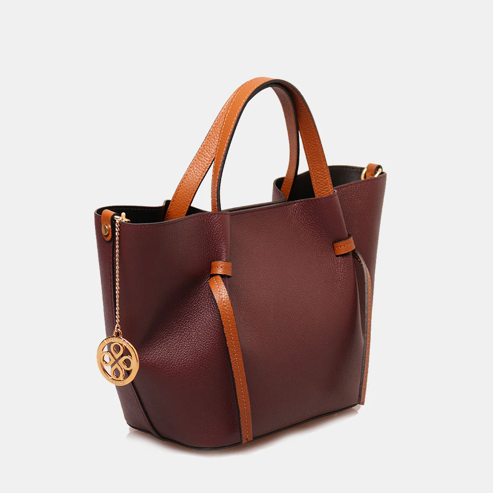 Borsa a Mano con Tracolla VIAVERDI in Pelle Bordeaux e Marrone Made in Italy linea Castiglione - Image 2
