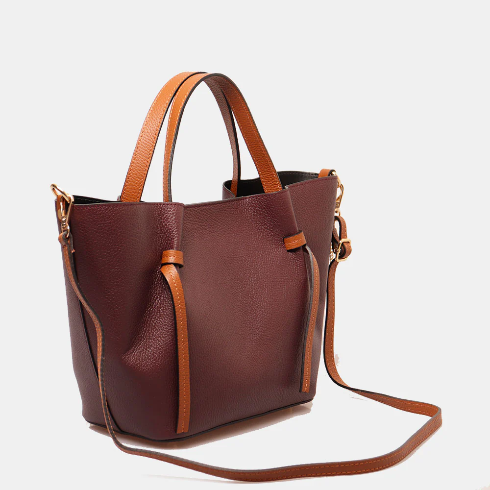 Borsa a Mano con Tracolla VIAVERDI in Pelle Bordeaux e Marrone Made in Italy linea Castiglione - Image 3