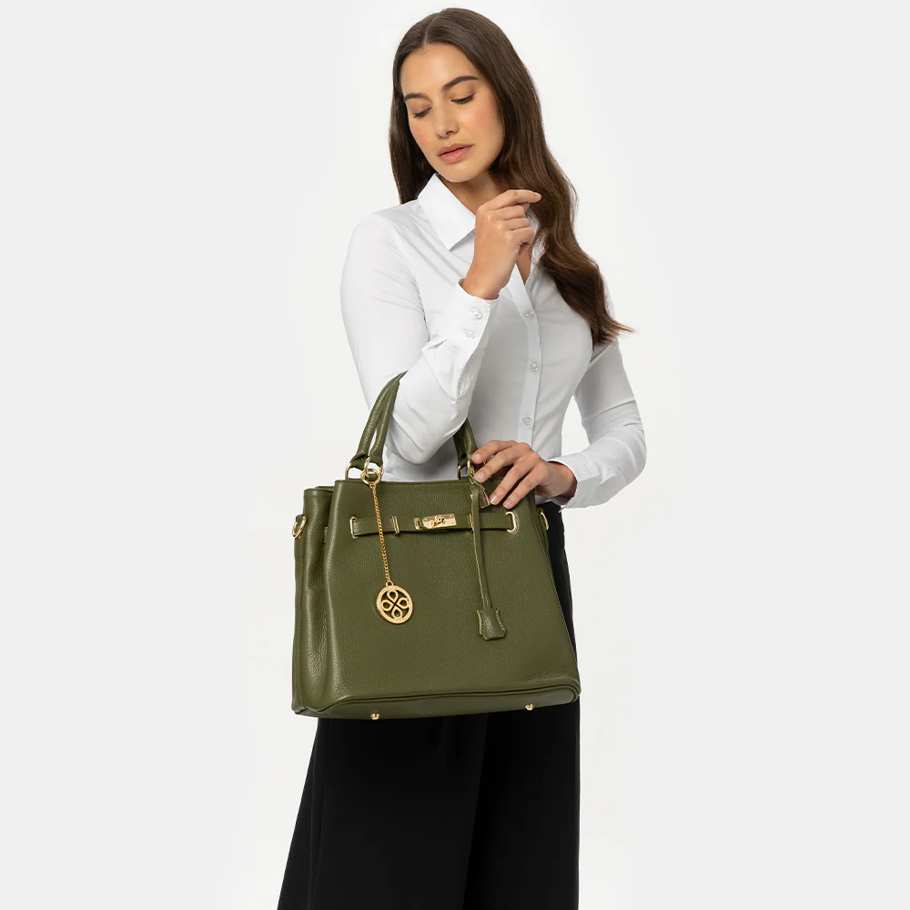 Borsa Grande a Mano con Tracolla VIAVERDI in Pelle Verde Made in Italy linea Artimino - Image 3