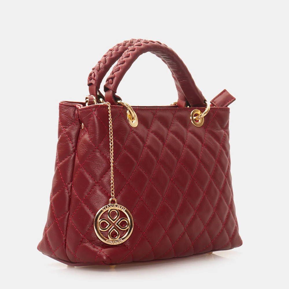Borsa a Mano con Tracolla VIAVERDI in Pelle Bordeaux Matelassè Made in Italy linea Saturnia - Image 3