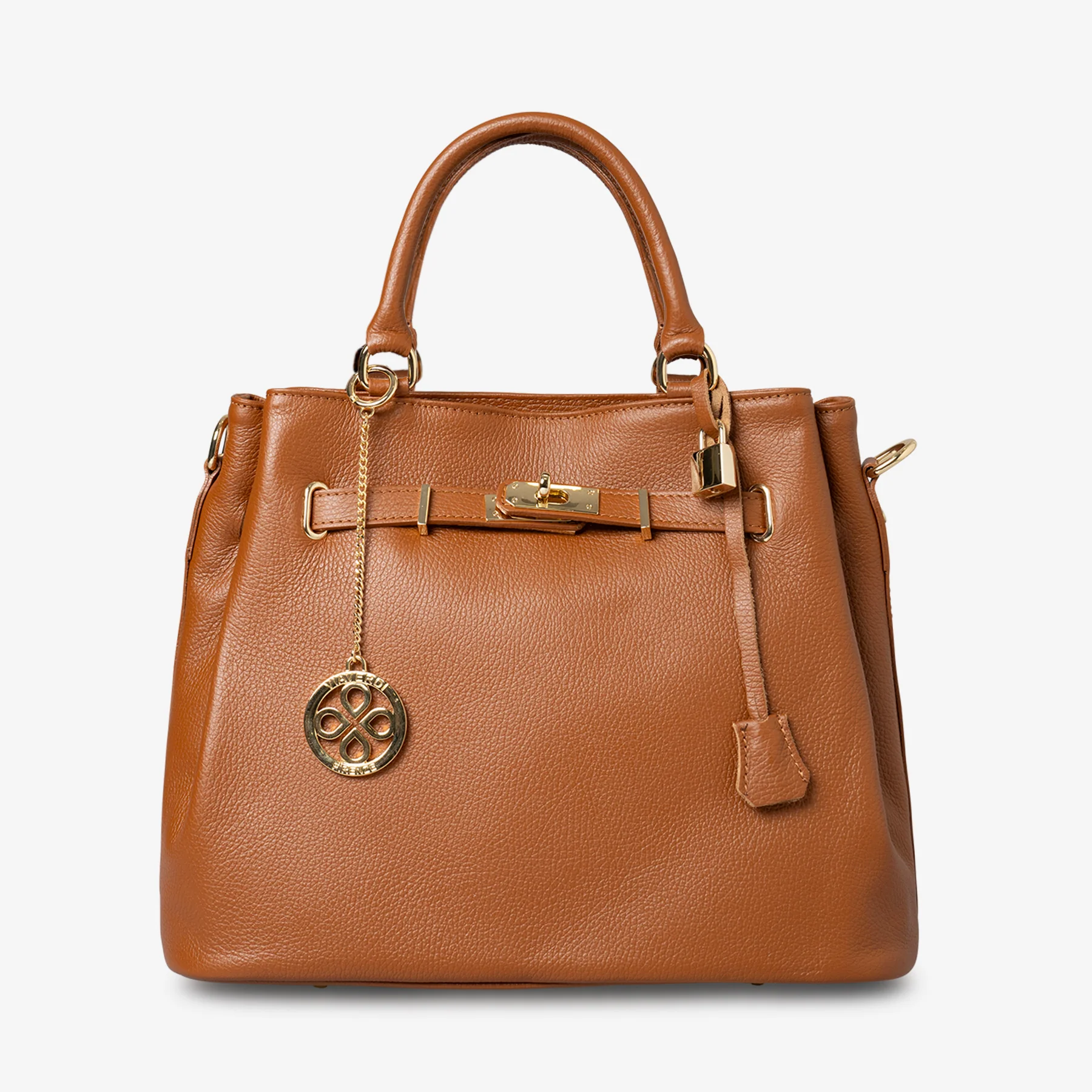 Borsa Grande a Mano con Tracolla VIAVERDI in Pelle color Cuoio Made in Italy linea Artimino