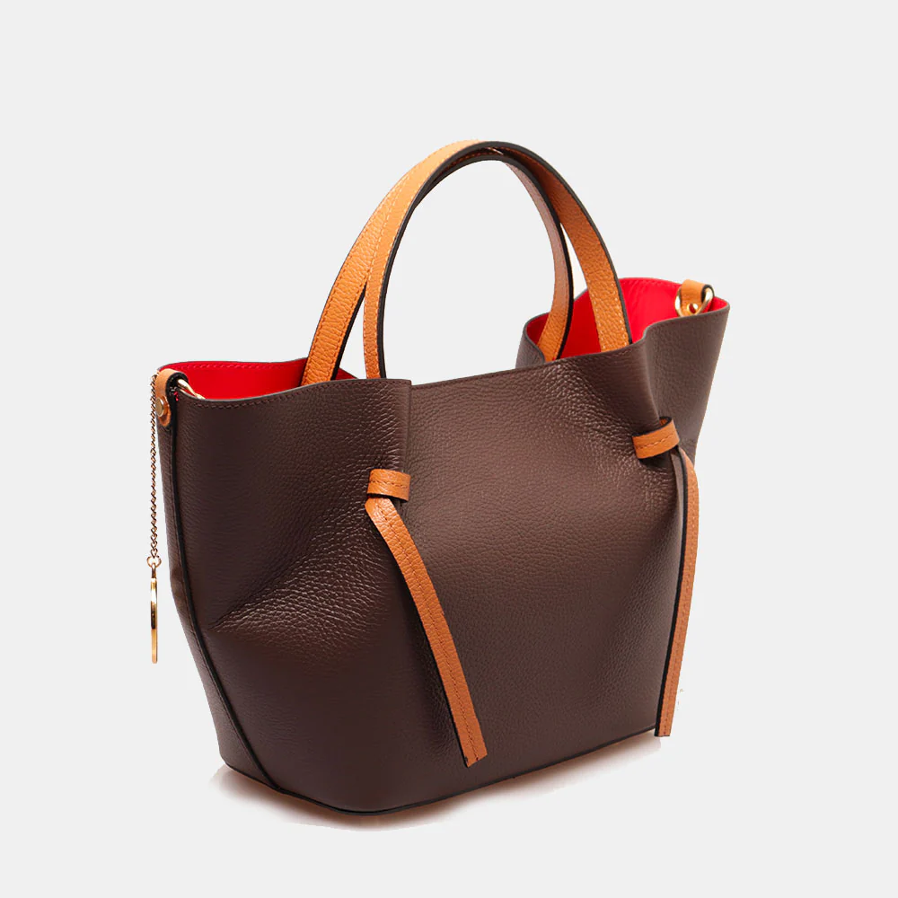 Borsa a Mano con Tracolla VIAVERDI in Pelle Marrone Scuro e Cuoio Made in Italy linea Castiglione - Image 2