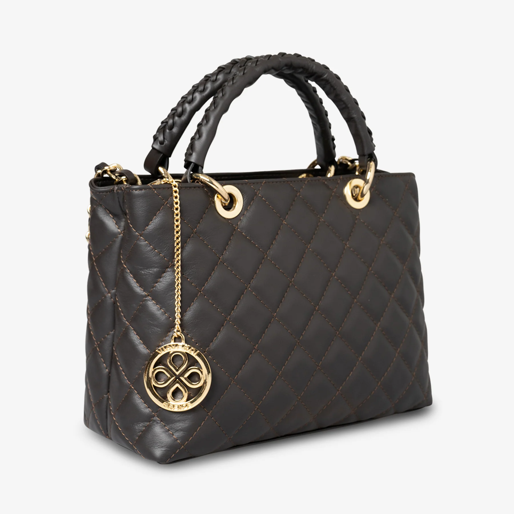 Borsa a Mano con Tracolla VIAVERDI in Pelle Marrone Scuro Matelassè Made in Italy linea Saturnia - Image 3
