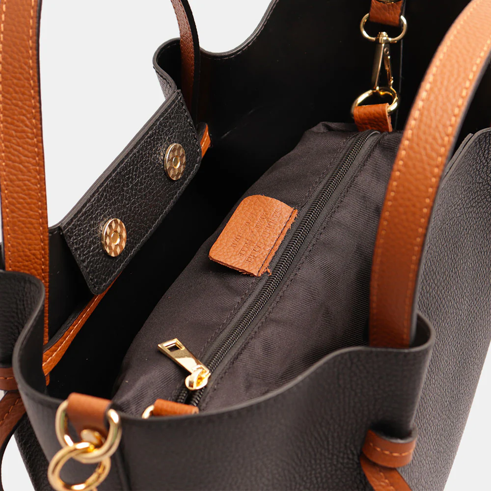 Borsa a Mano con Tracolla VIAVERDI in Pelle Nera e Marrone Made in Italy linea Castiglione - Image 6