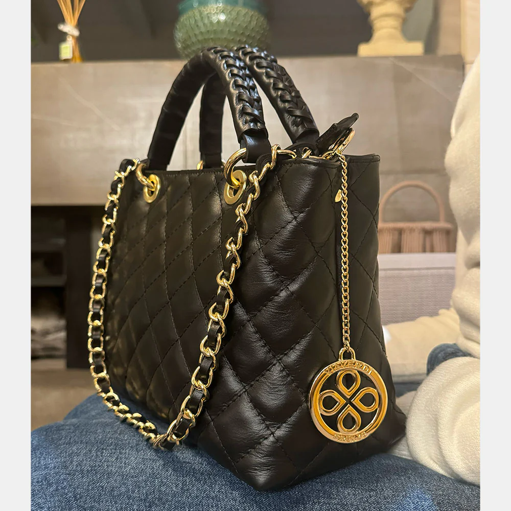 Borsa a Mano con Tracolla VIAVERDI in Pelle Nera Matelassè Made in Italy linea Saturnia - Image 12