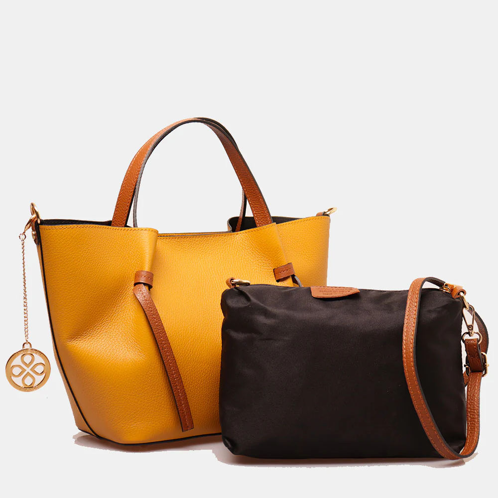 Borsa a Mano con Tracolla VIAVERDI in Pelle Senape e Marrone Made in Italy linea Castiglione - Image 3