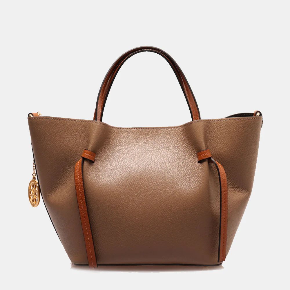 Borsa a Mano con Tracolla VIAVERDI in Pelle Taupe e Marrone Made in Italy linea Castiglione