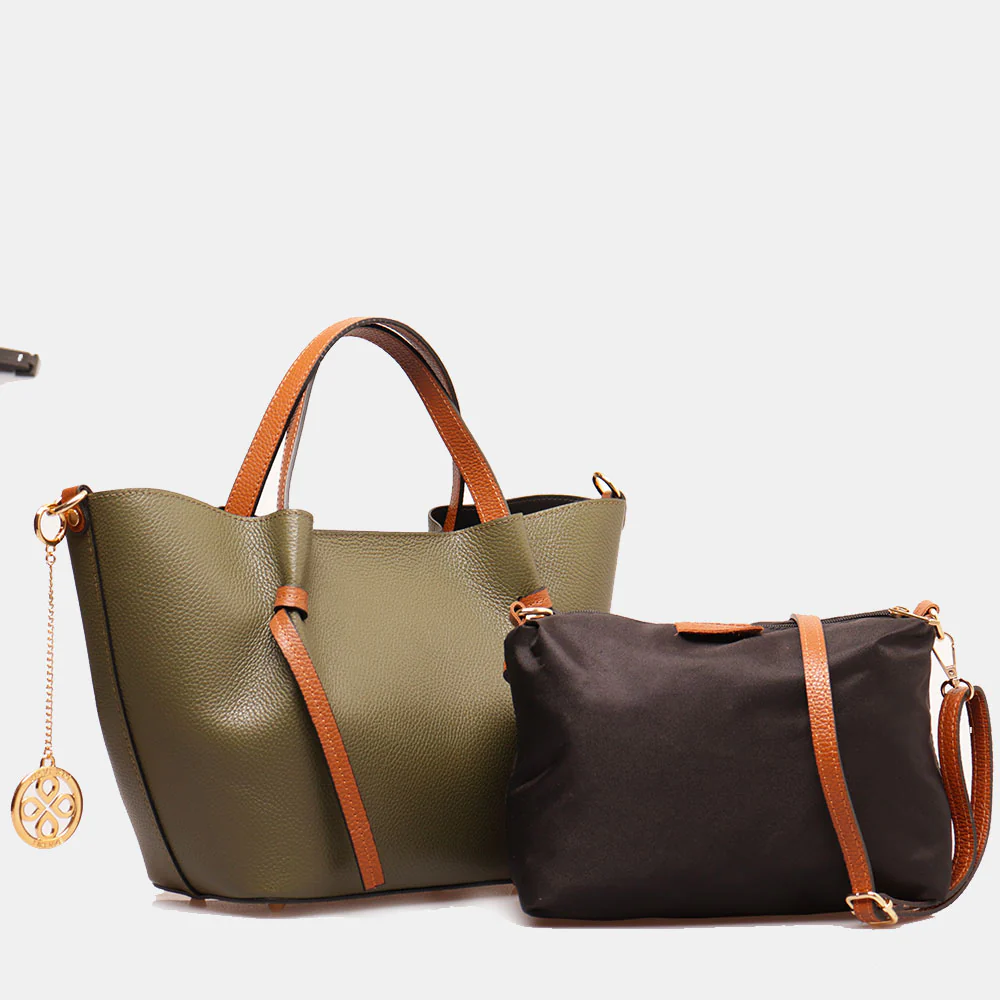 Borsa a Mano con Tracolla VIAVERDI in Pelle Verde e Marrone Made in Italy linea Castiglione - Image 3