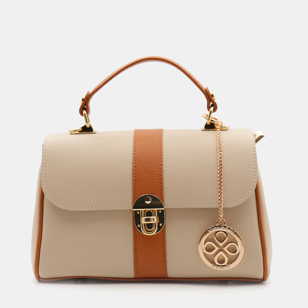 Borsa a Mano VIAVERDI in Pelle Beige e Cuoio Made in Italy linea Montalcino