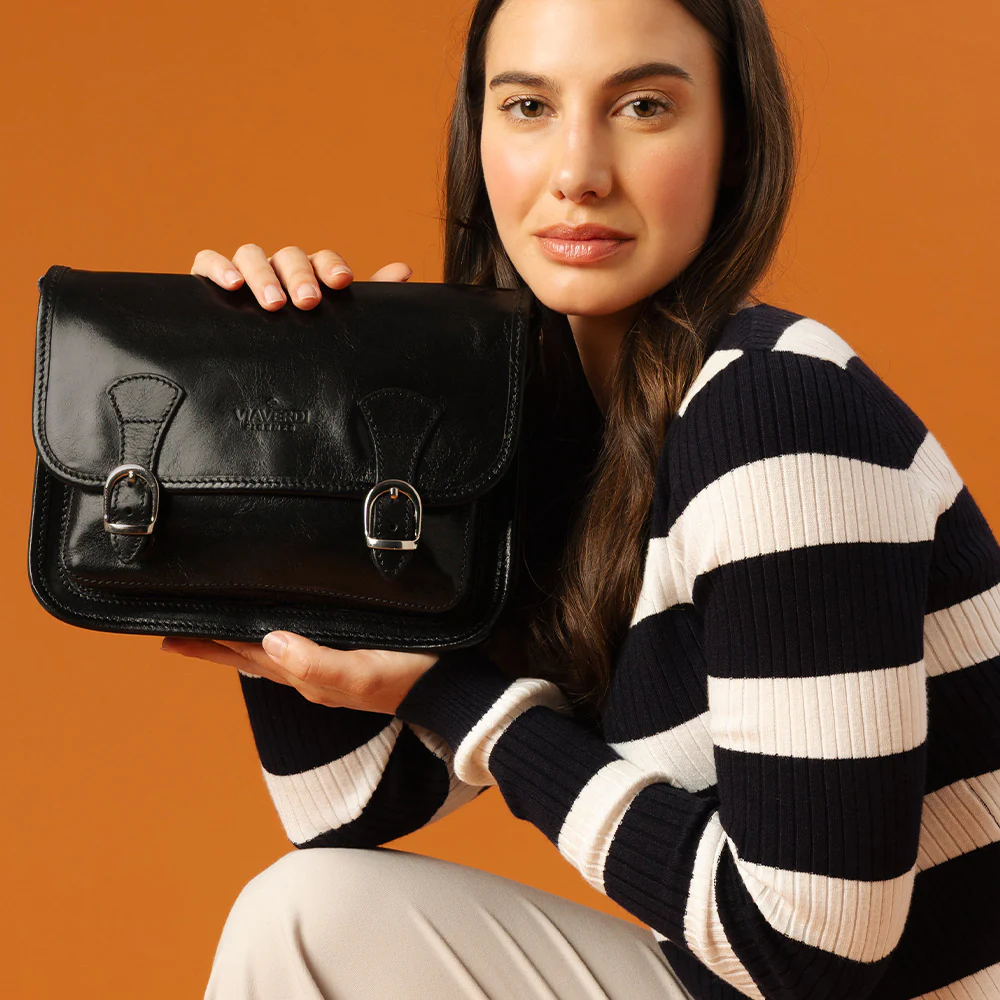 Borsa a tracolla VIAVERDI in Pelle Nera Made in Italy linea Firenze - Image 5
