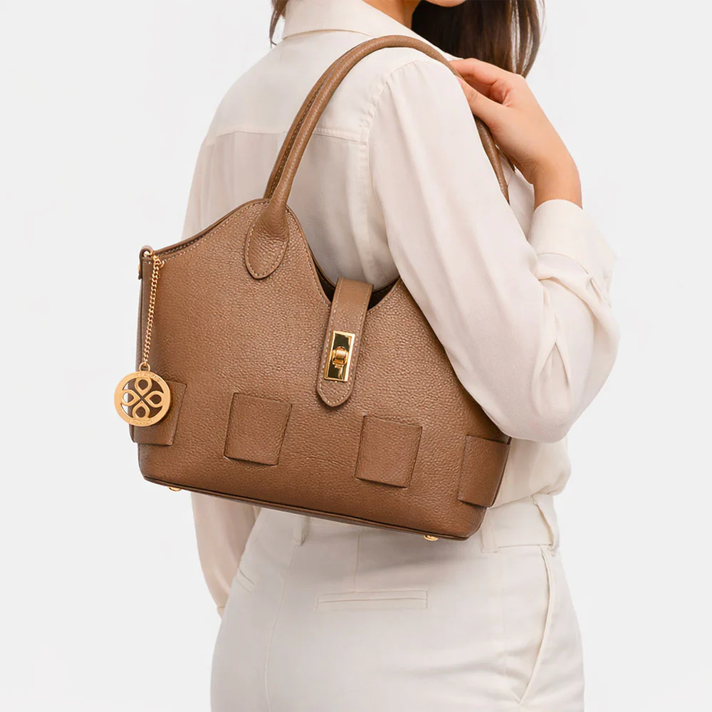 Borsa Donna a Mano con Tracolla VIAVERDI in Pelle Taupe Made in Italy linea Artimino - Image 2