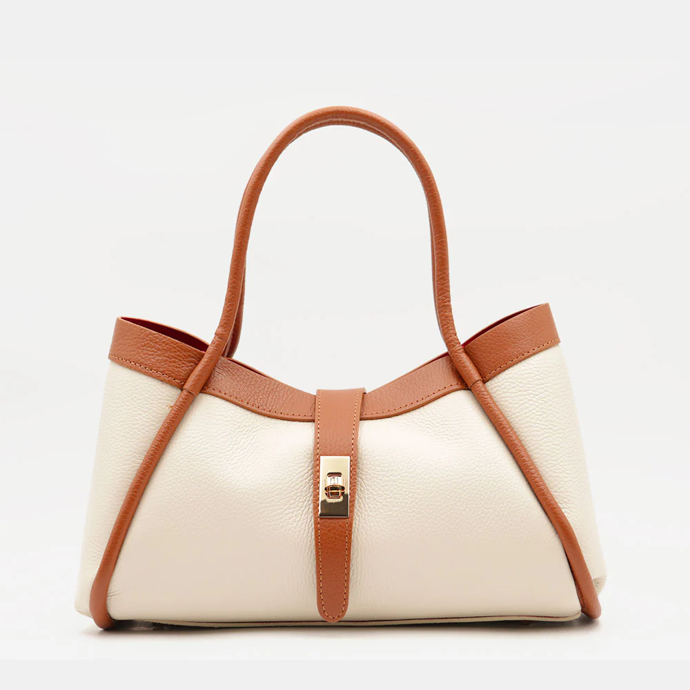 Borsa Donna a Mano VIAVERDI in Pelle Beige e Cuoio Made in Italy linea Cortona