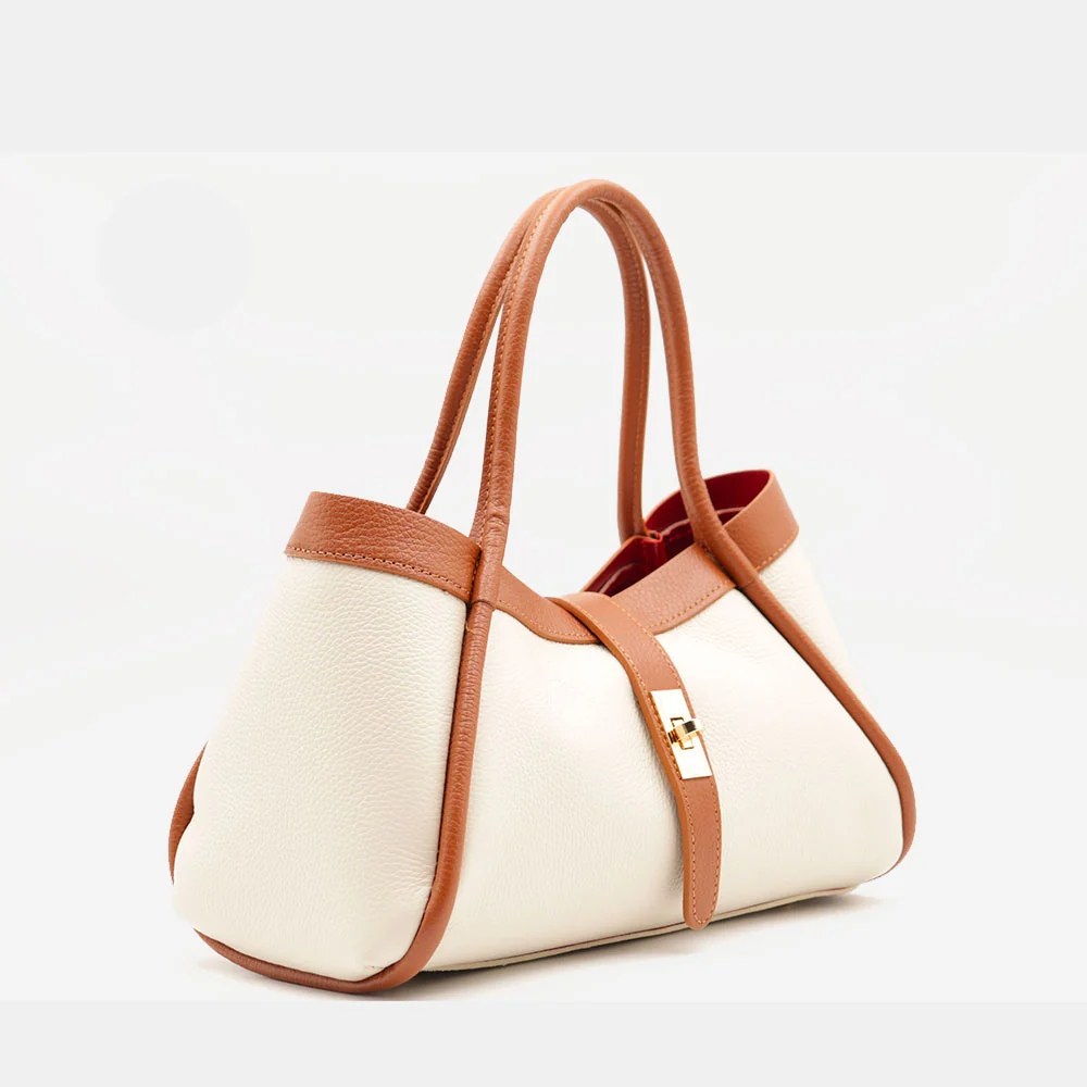 Borsa Donna a Mano VIAVERDI in Pelle Beige e Cuoio Made in Italy linea Cortona - Image 4