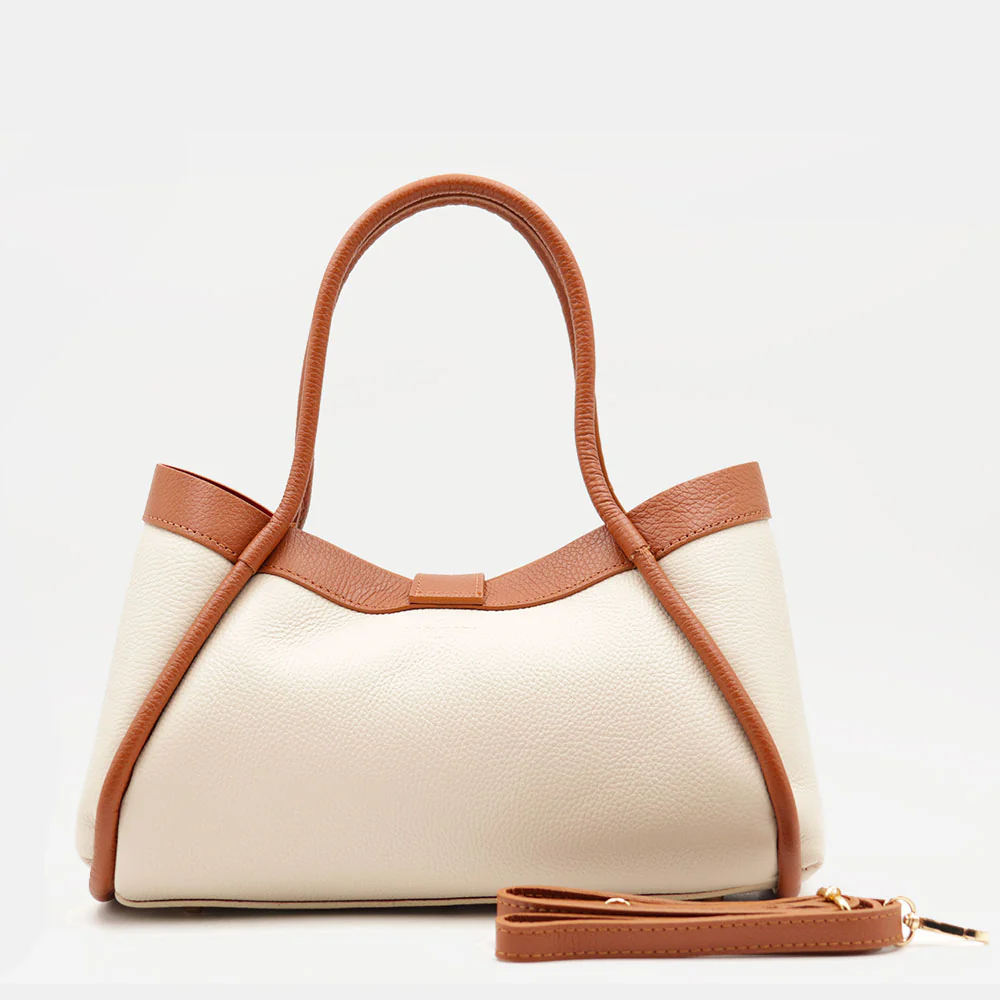 Borsa Donna a Mano VIAVERDI in Pelle Beige e Cuoio Made in Italy linea Cortona - Image 6