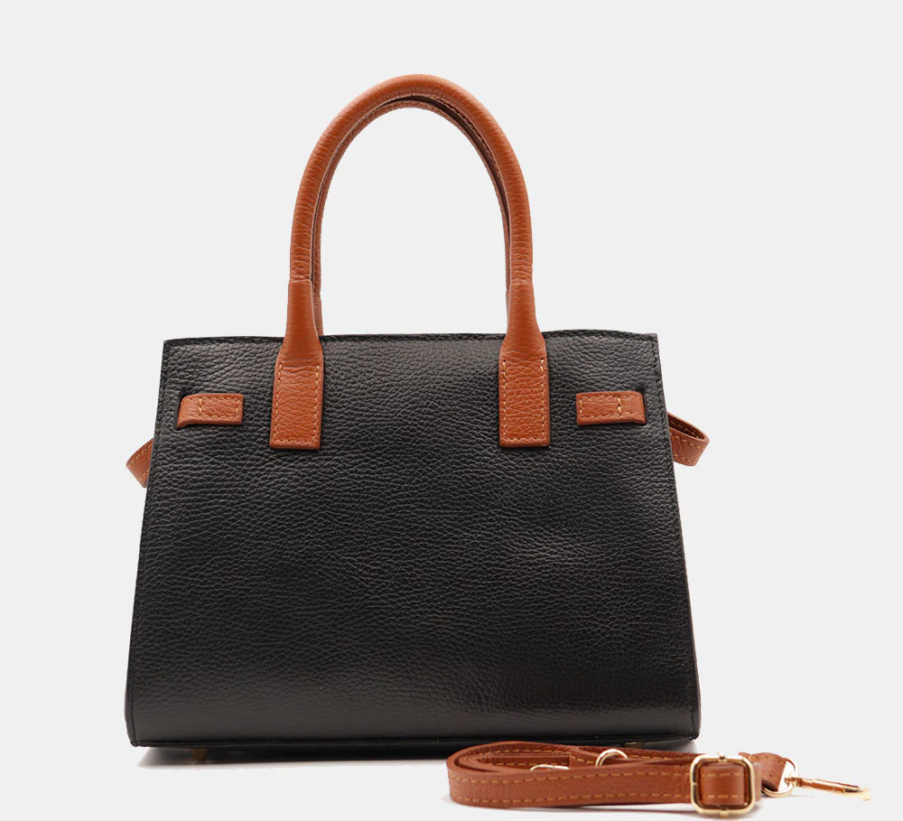 Borsa Donna a Mano VIAVERDI in Pelle Nera e Cuoio Made in Italy linea Artimino - Image 5