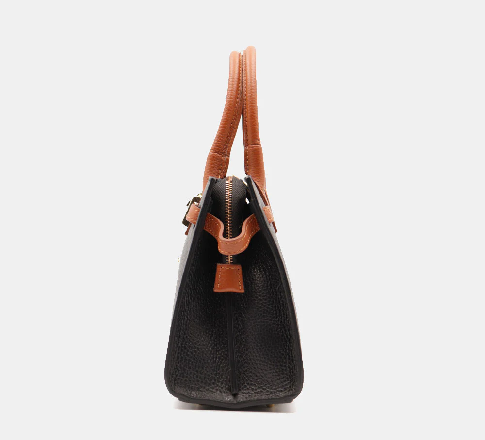 Borsa Donna a Mano VIAVERDI in Pelle Nera e Cuoio Made in Italy linea Artimino - Image 6