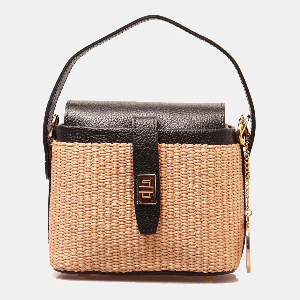 Borsa Donna a Mano VIAVERDI in Pelle Nera e Rafia Made in Italy Linea Montalcino