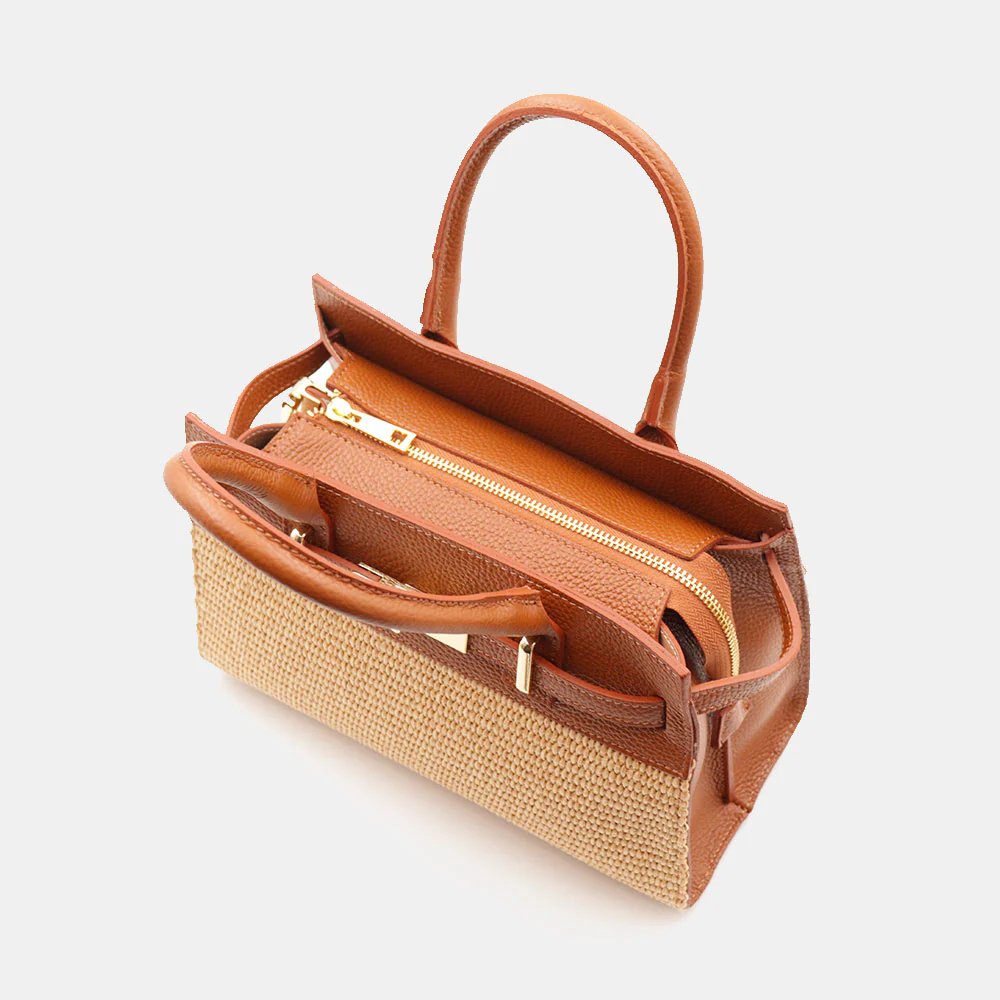 Borsa Donna a Mano VIAVERDI in Rafia e Pelle Color Cuoio Made in Italy linea Artimino - Image 9