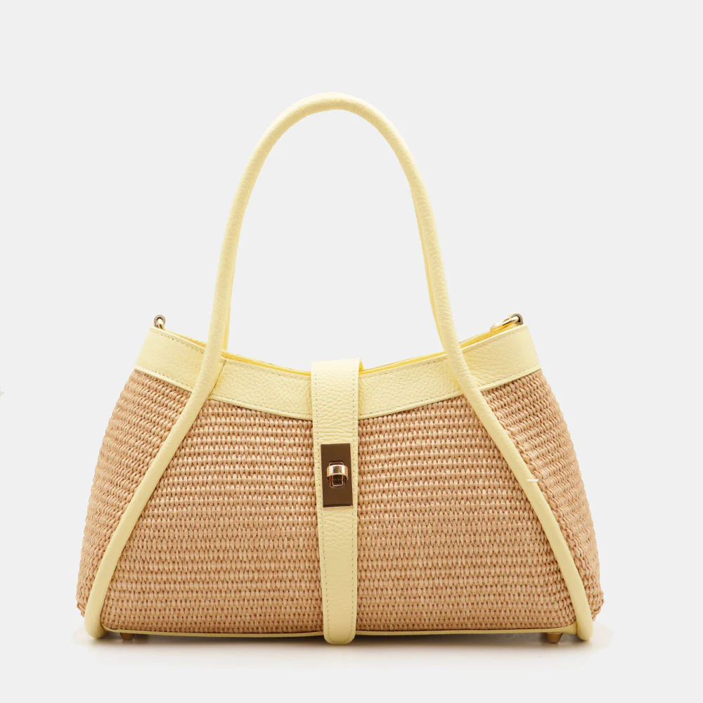 Borsa Donna a Mano VIAVERDI in Rafia e Pelle Gialla Made in Italy linea Cortona