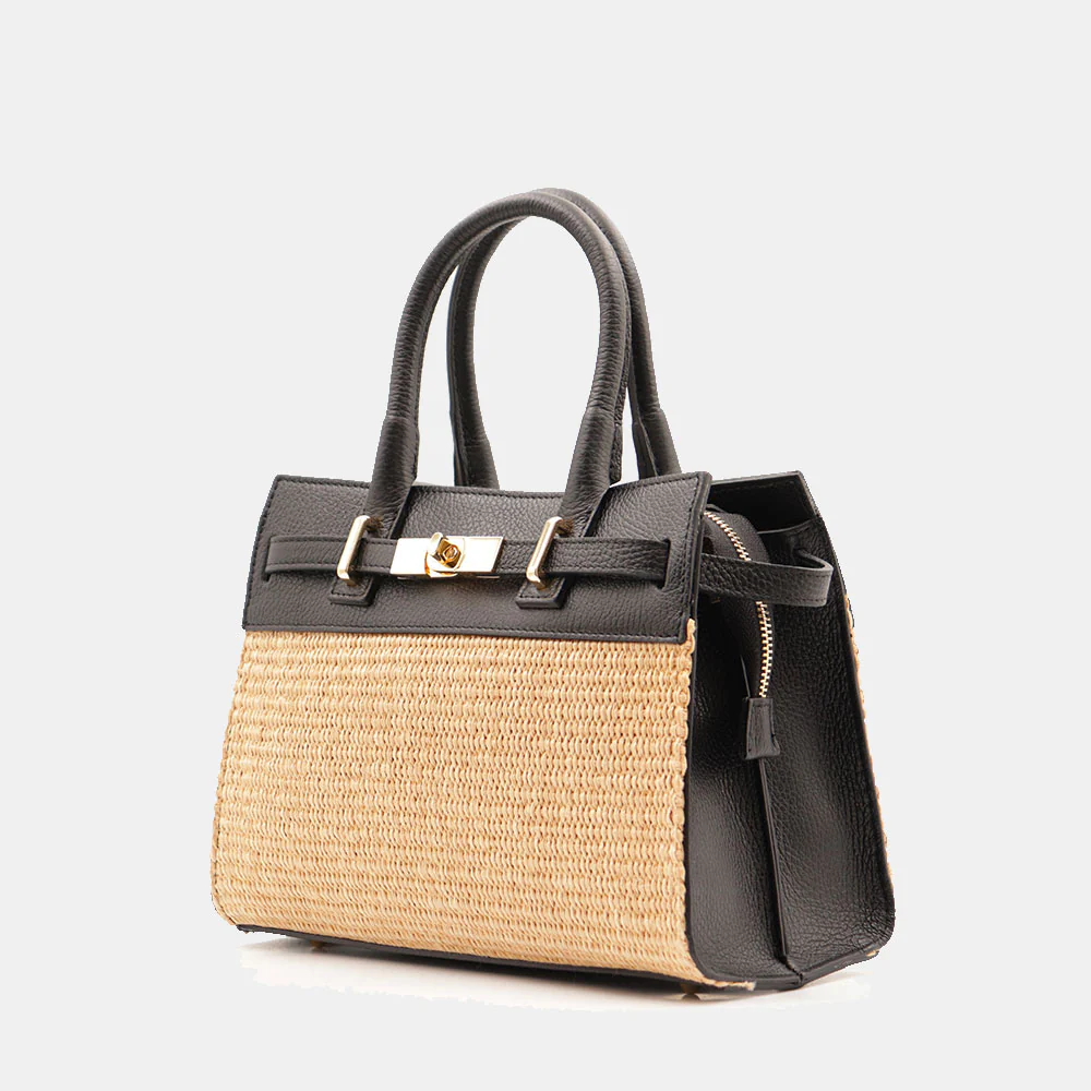 Borsa Donna a Mano VIAVERDI in Rafia e Pelle Nera Made in Italy linea Artimino - Image 3