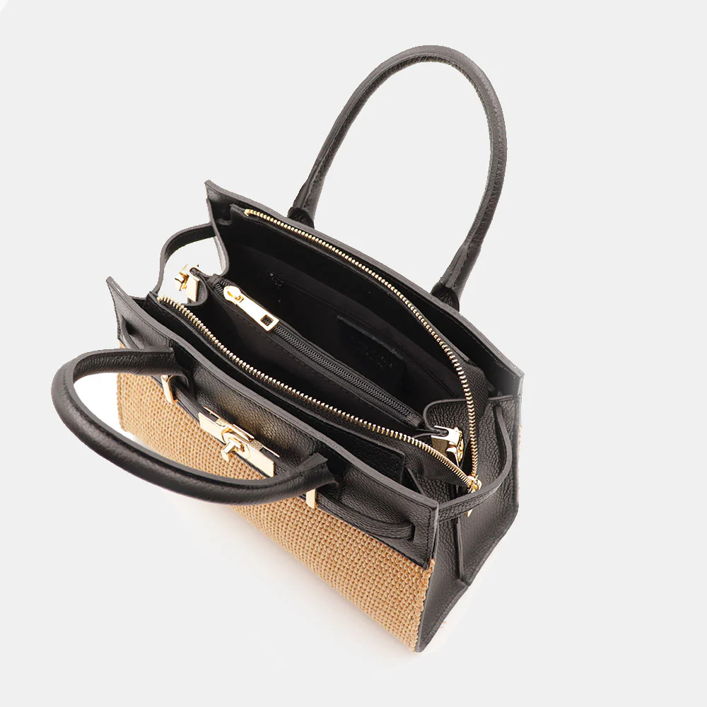Borsa Donna a Mano VIAVERDI in Rafia e Pelle Nera Made in Italy linea Artimino - Image 9