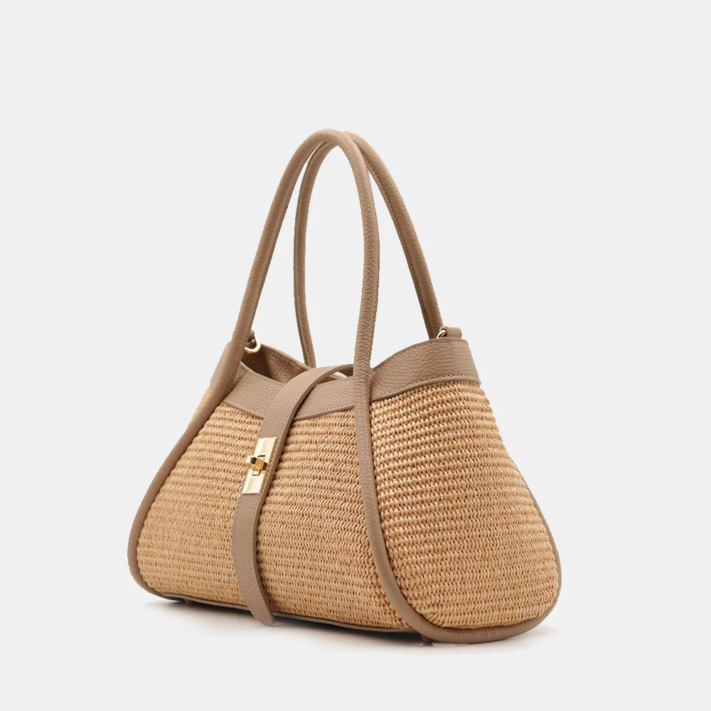 Borsa Donna a Mano VIAVERDI in Rafia e Pelle Taupe Made in Italy linea Cortona - Image 3