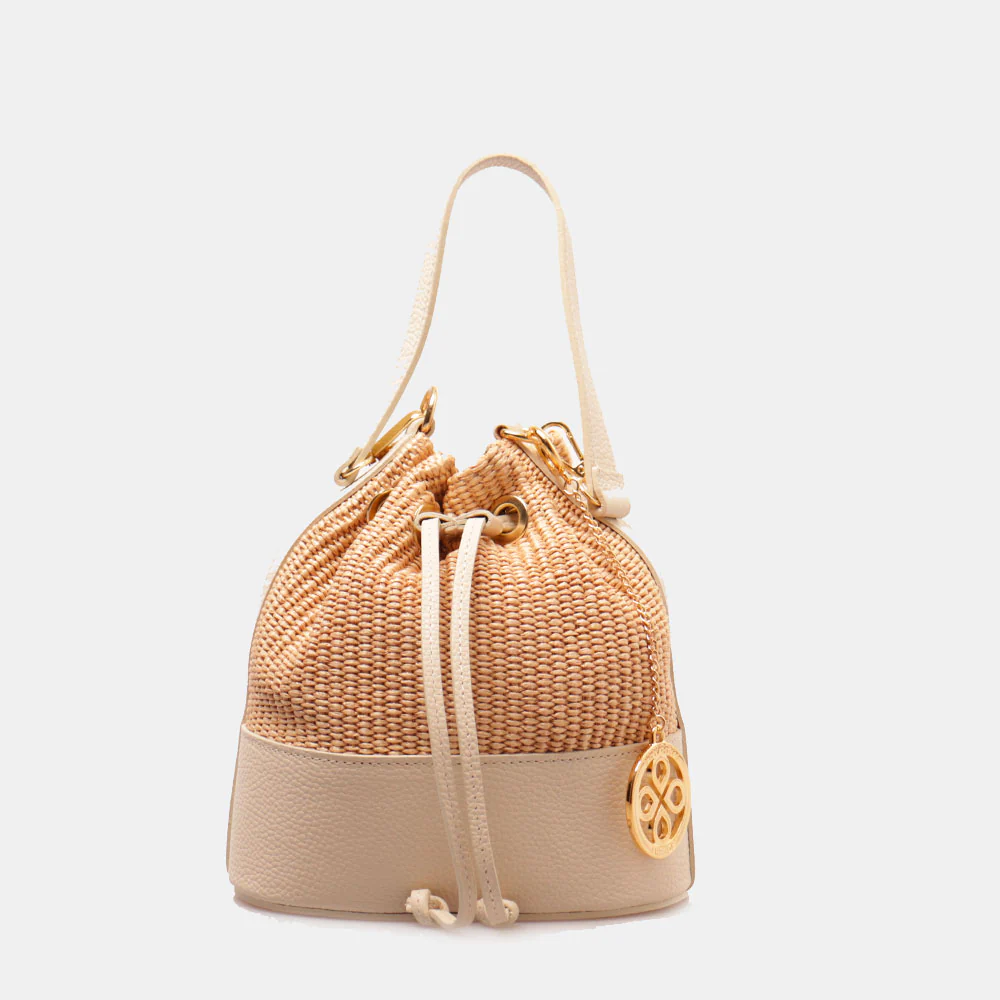 Borsa Donna a Secchiello VIAVERDI in Pelle Avorio e Rafia Made in Italy Linea Pienza