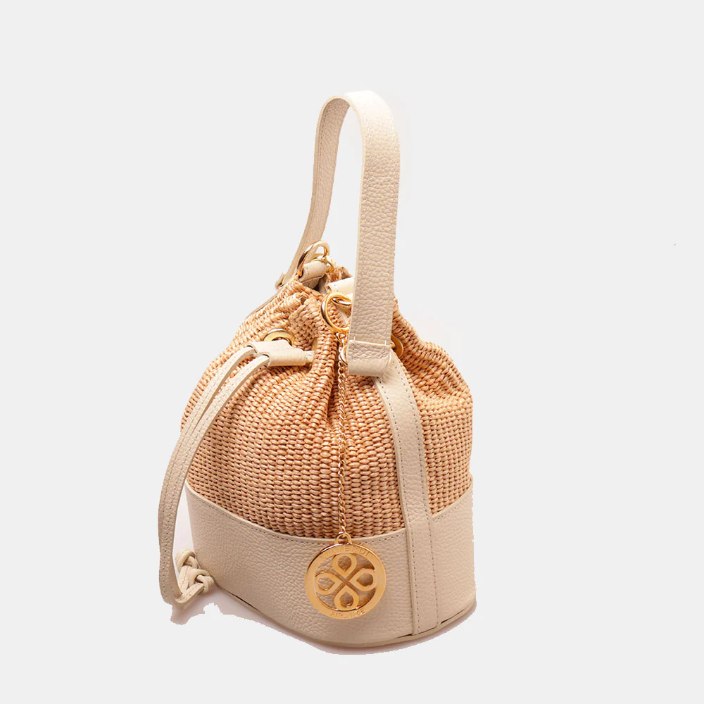 Borsa Donna a Secchiello VIAVERDI in Pelle Avorio e Rafia Made in Italy Linea Pienza - Image 3