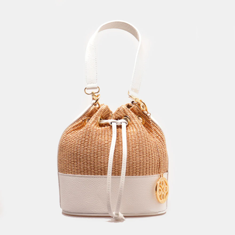 Borsa Donna a Secchiello VIAVERDI in Pelle Bianca e Rafia Made in Italy Linea Pienza