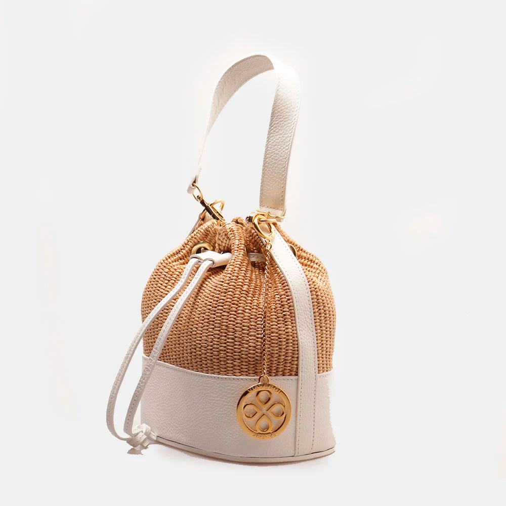 Borsa Donna a Secchiello VIAVERDI in Pelle Bianca e Rafia Made in Italy Linea Pienza - Image 3