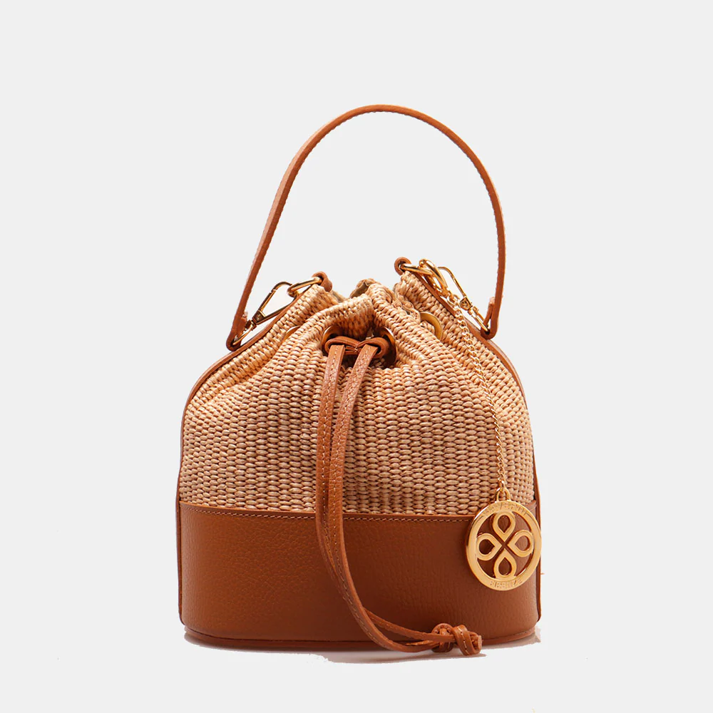 Borsa Donna a Secchiello VIAVERDI in Pelle color Cuoio e Rafia Made in Italy Linea Pienza