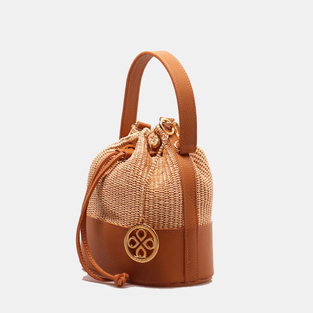 Borsa Donna a Secchiello VIAVERDI in Pelle color Cuoio e Rafia Made in Italy Linea Pienza - Image 3