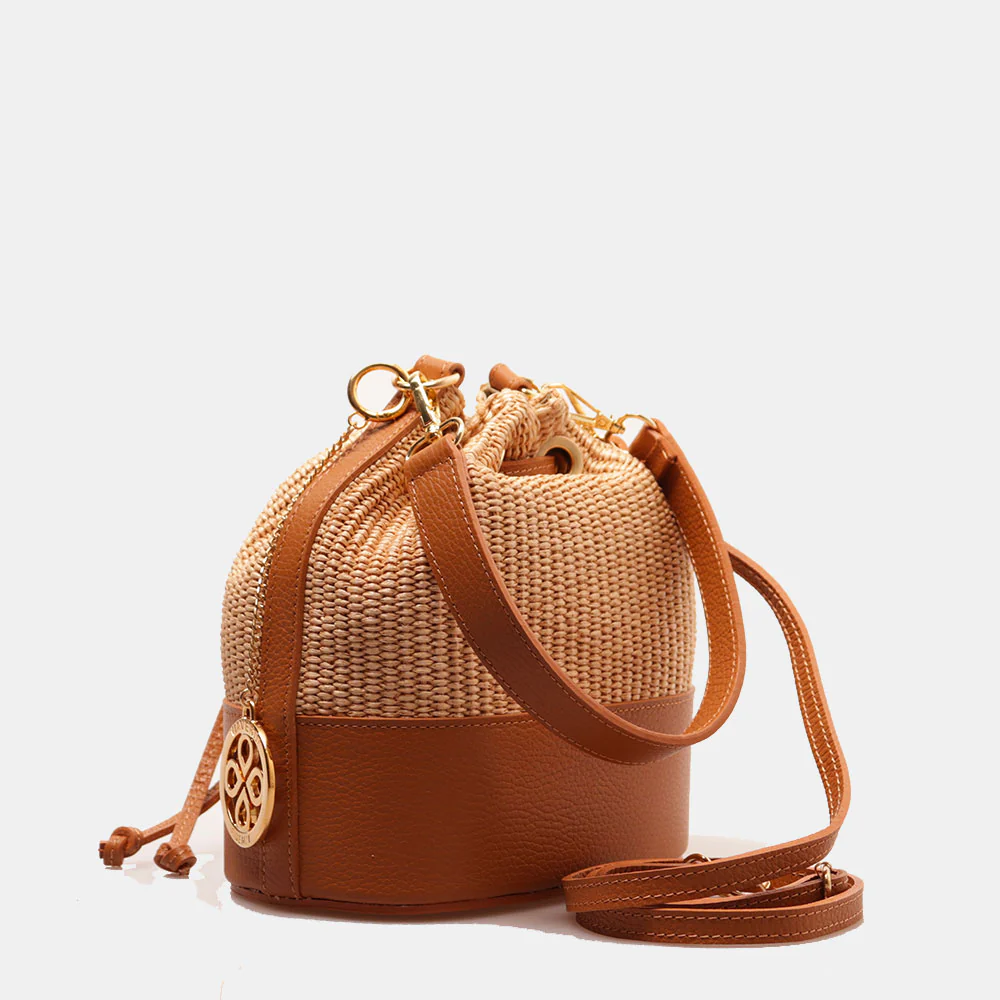 Borsa Donna a Secchiello VIAVERDI in Pelle color Cuoio e Rafia Made in Italy Linea Pienza - Image 4