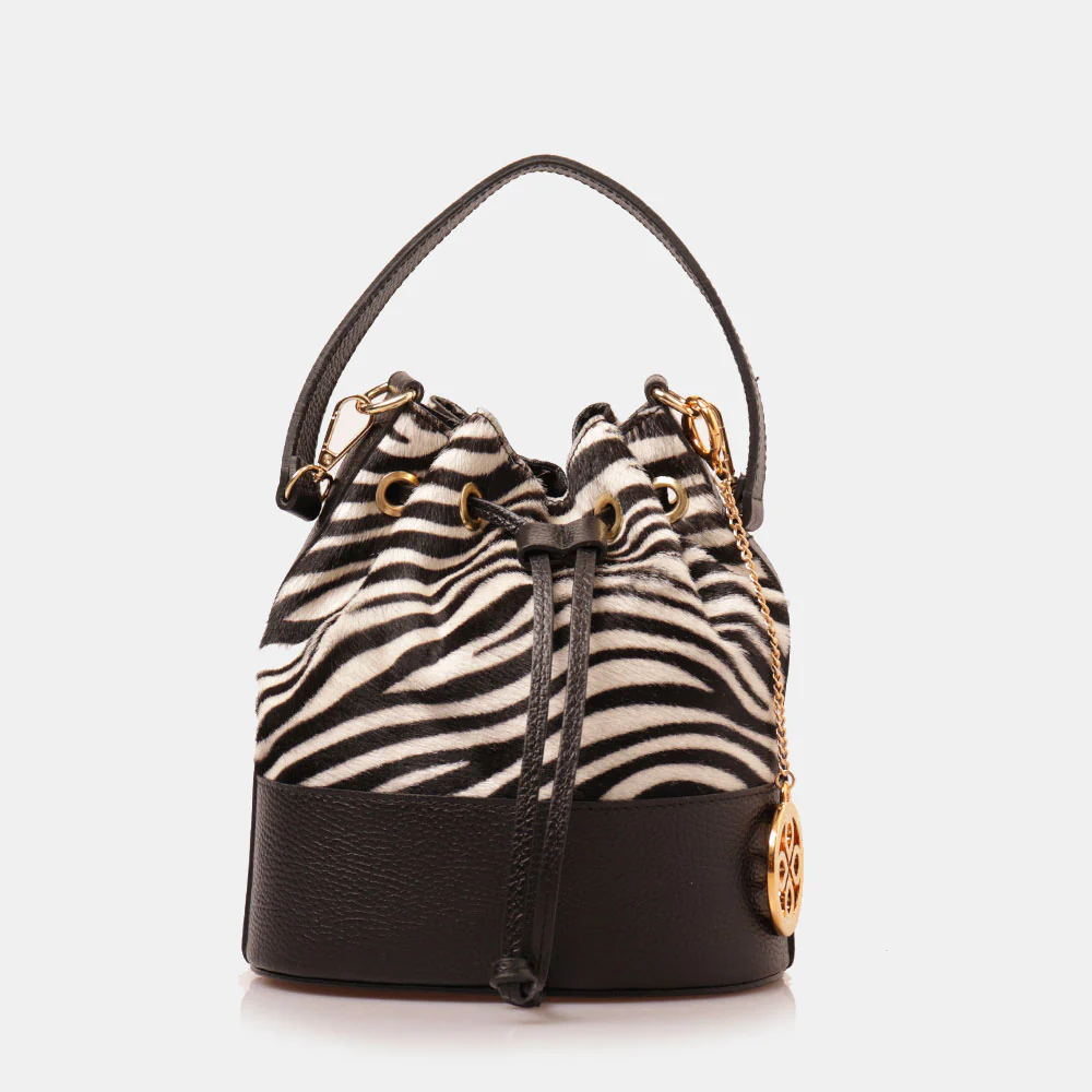 Borsa Donna a Secchiello VIAVERDI in Pelle e Cavallino Zebrato Bianco e Nero Made in Italy linea Pienza