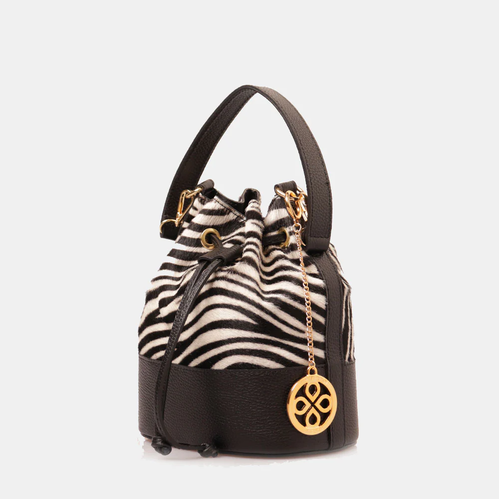Borsa Donna a Secchiello VIAVERDI in Pelle e Cavallino Zebrato Bianco e Nero Made in Italy linea Pienza - Image 2