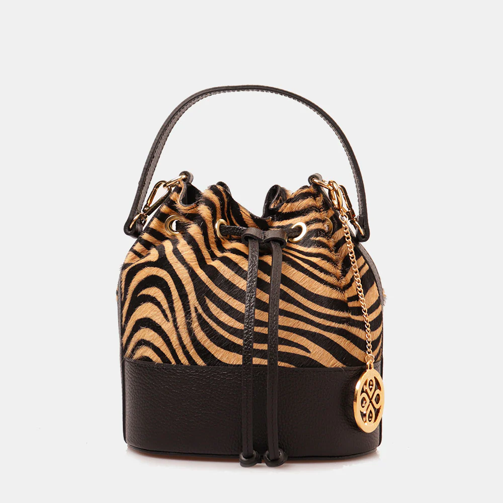 Borsa Donna a Secchiello VIAVERDI in Pelle e Cavallino Zebrato Made in Italy linea Pienza