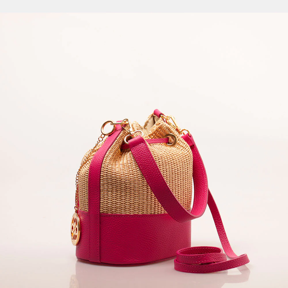 Borsa Donna a Secchiello VIAVERDI in Pelle Fucsia e Rafia Made in Italy Linea Pienza - Image 4