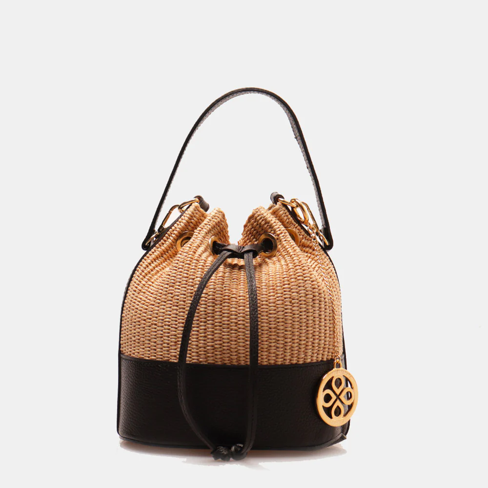 Borsa Donna a Secchiello VIAVERDI in Pelle Nera e Rafia Made in Italy Linea Pienza