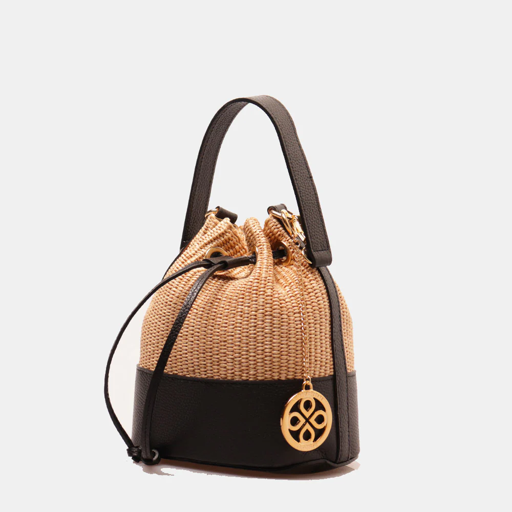 Borsa Donna a Secchiello VIAVERDI in Pelle Nera e Rafia Made in Italy Linea Pienza - Image 3