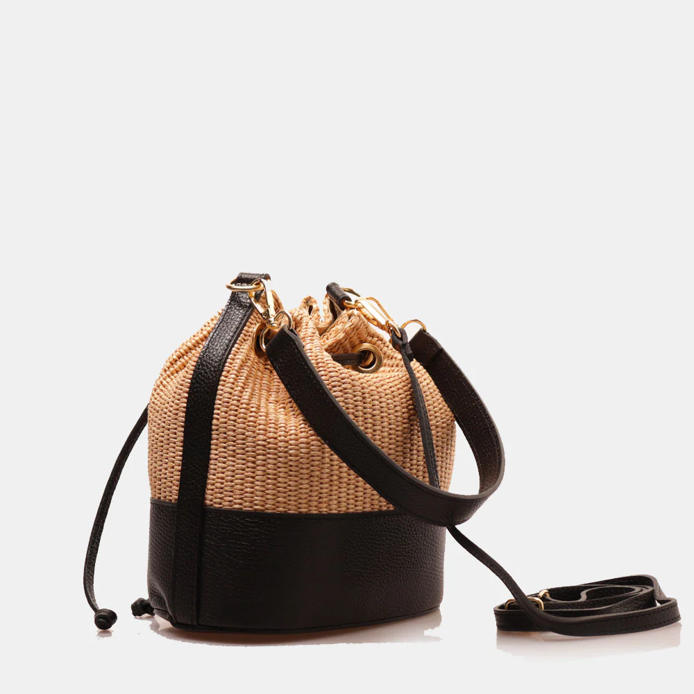 Borsa Donna a Secchiello VIAVERDI in Pelle Nera e Rafia Made in Italy Linea Pienza - Image 4
