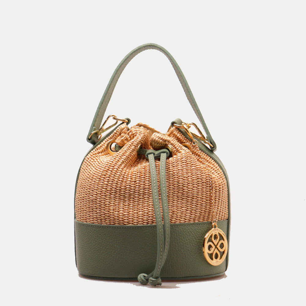 Borsa Donna a Secchiello VIAVERDI in Pelle Verde Menta e Rafia Made in Italy Linea Pienza