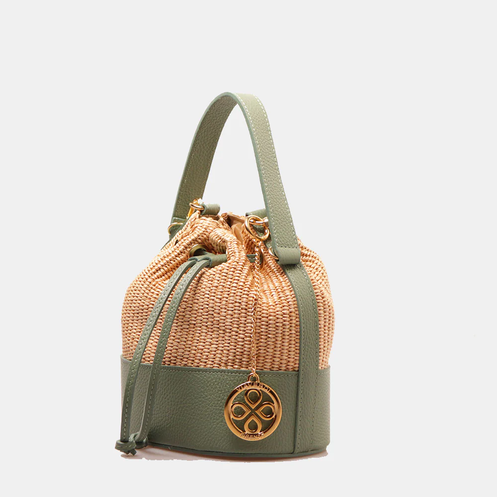 Borsa Donna a Secchiello VIAVERDI in Pelle Verde Menta e Rafia Made in Italy Linea Pienza - Image 3