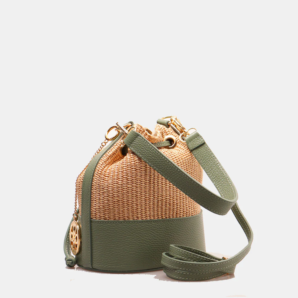 Borsa Donna a Secchiello VIAVERDI in Pelle Verde Menta e Rafia Made in Italy Linea Pienza - Image 4