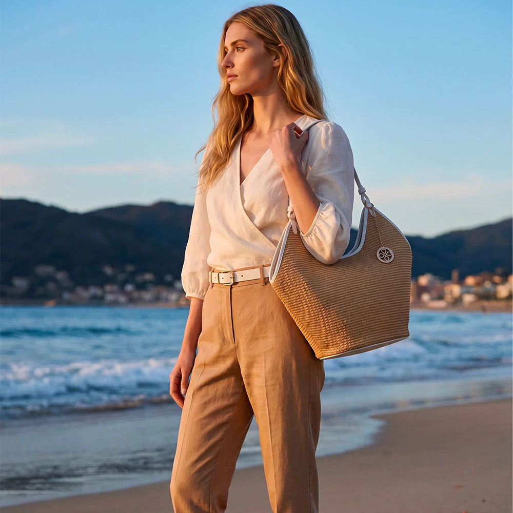 Borsa Donna a Spalla Grande VIAVERDI in Rafia e Pelle Taupe Made in Italy linea Cortona - Image 12