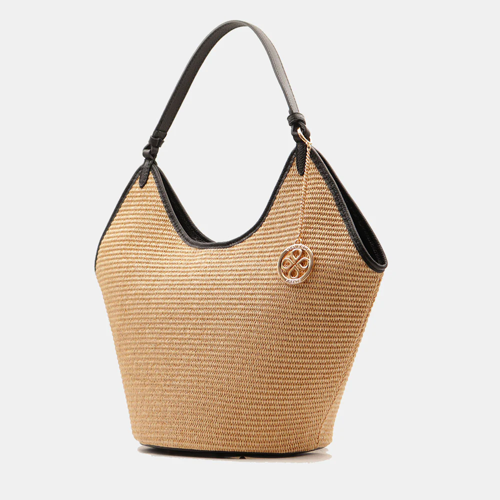 Borsa Donna a Spalla Grande VIAVERDI in Rafia e Pelle Nera Made in Italy linea Cortona - Image 3