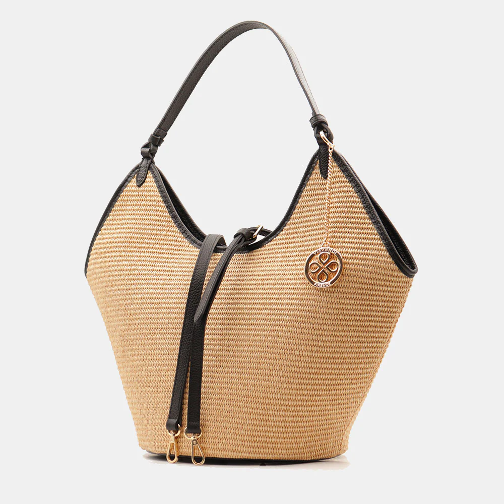 Borsa Donna a Spalla Grande VIAVERDI in Rafia e Pelle Nera Made in Italy linea Cortona - Image 7
