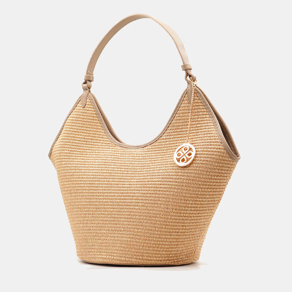 Borsa Donna a Spalla Grande VIAVERDI in Rafia e Pelle Taupe Made in Italy linea Cortona - Image 3