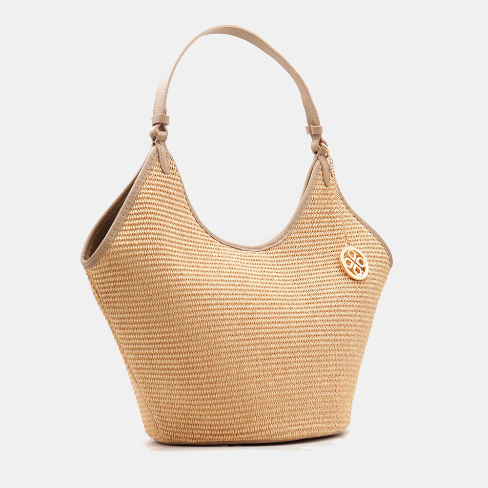 Borsa Donna a Spalla Grande VIAVERDI in Rafia e Pelle Taupe Made in Italy linea Cortona - Image 4