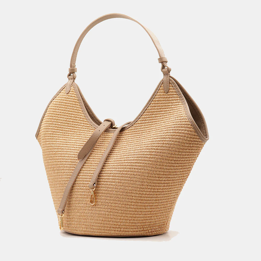 Borsa Donna a Spalla Grande VIAVERDI in Rafia e Pelle Taupe Made in Italy linea Cortona - Image 6