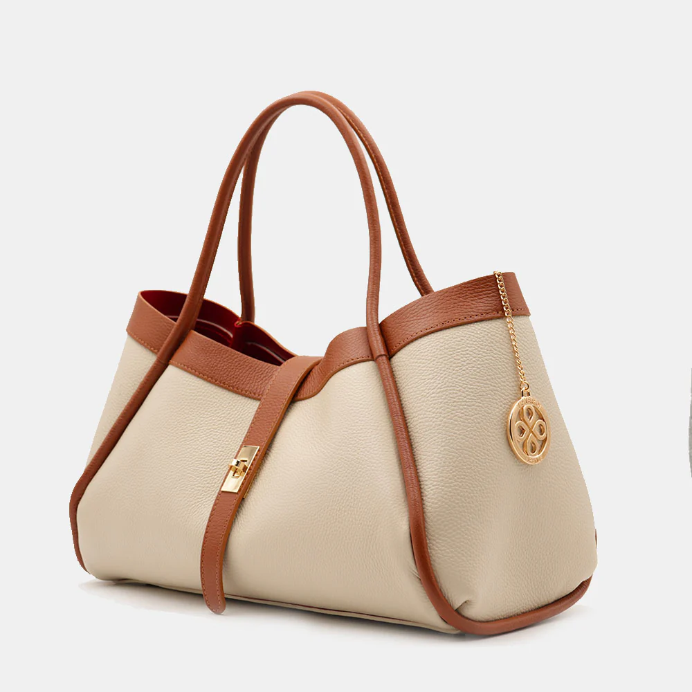 Borsa Donna a Spalla VIAVERDI in Pelle Beige e Cuoio Made in Italy linea Cortona - Image 3